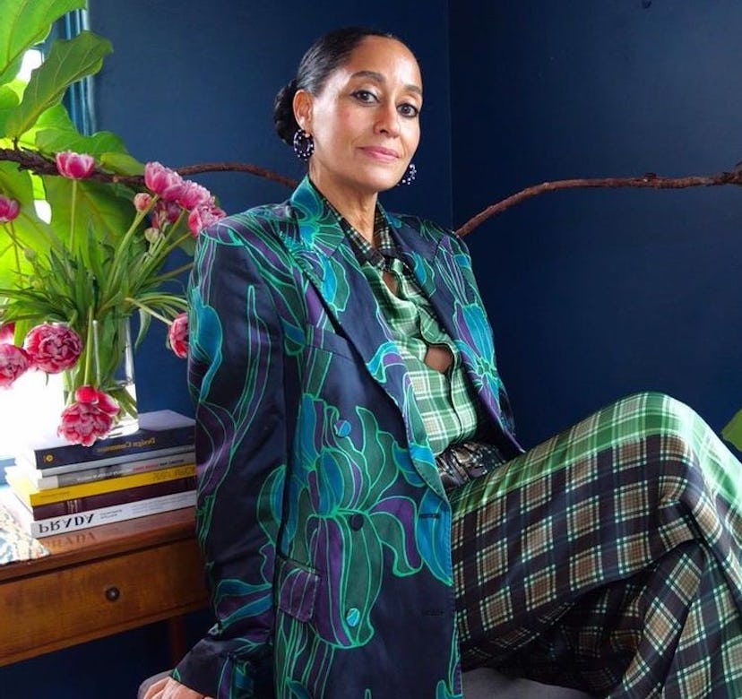 Tracee Ellis Ross in a plaid green suit and blue blazer.