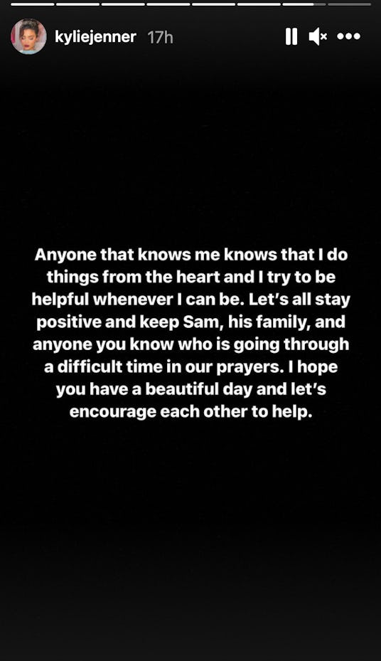 Slide two of Kylie Jenner's Instagram Story explanation of her support for makeup artist Sam Rauda