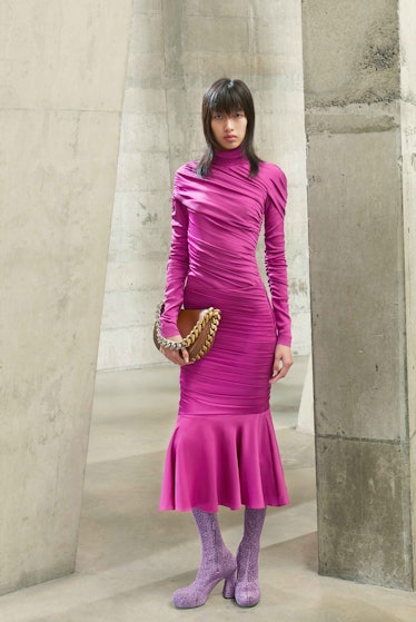 A model in a pink turtleneck dress by Stella McCartney 