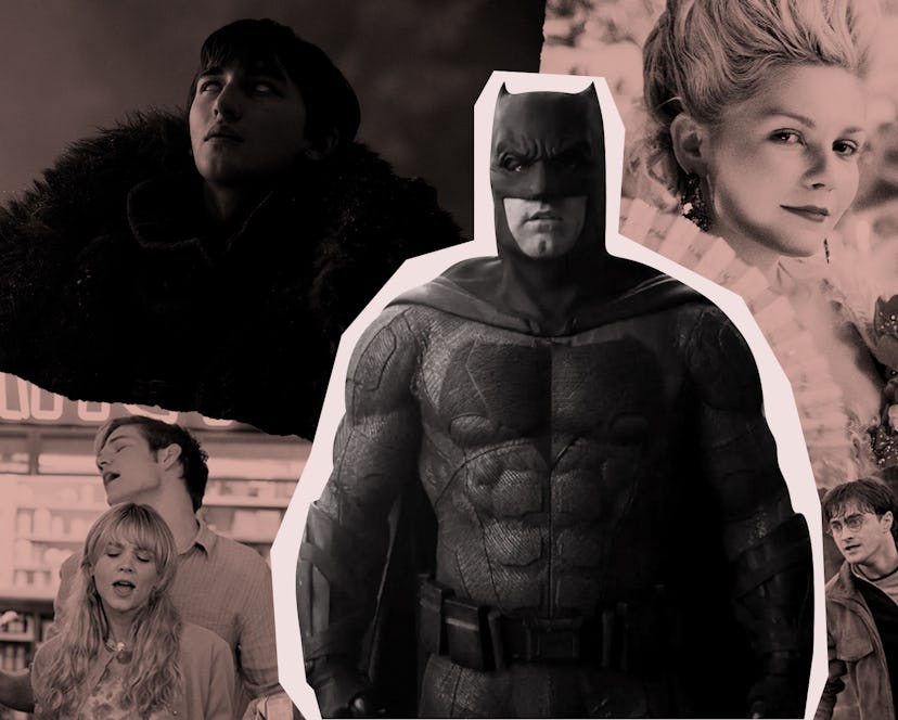 The batman from justice league in front of a variety of other media properties set at night