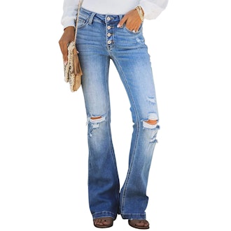 Astylish Button-Fly Ripped Flare Jeans
