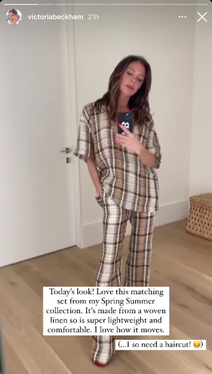 Victoria Beckham wears a matching linen check print set from her brand's Spring/Summer 2021 collecti...