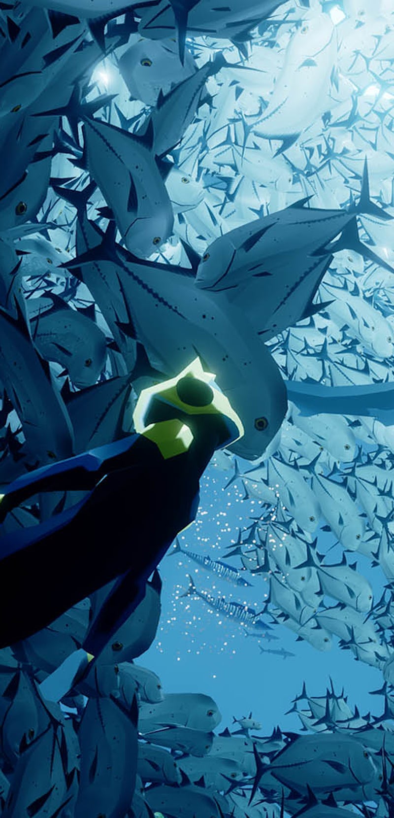 diver in sea of white fish from abzu
