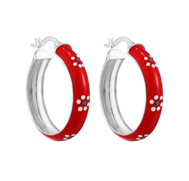 Sterling Silver Red With White Flower Enamel Large Hoops
