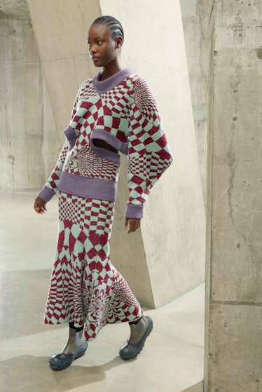 Model in checkerboard knits for Stella McCartney