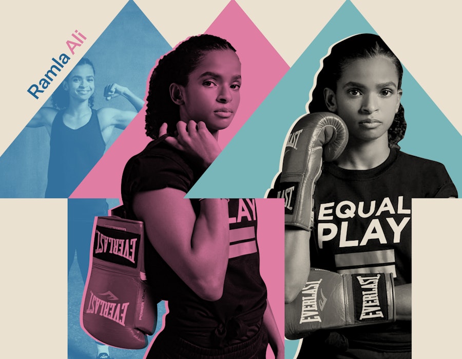 Female boxer Ramla Ali wearing boxing gloves on a multicolor background