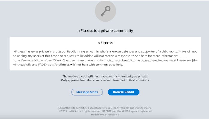 r/Fitness private message protesting Aimee Knight Reddit moderator