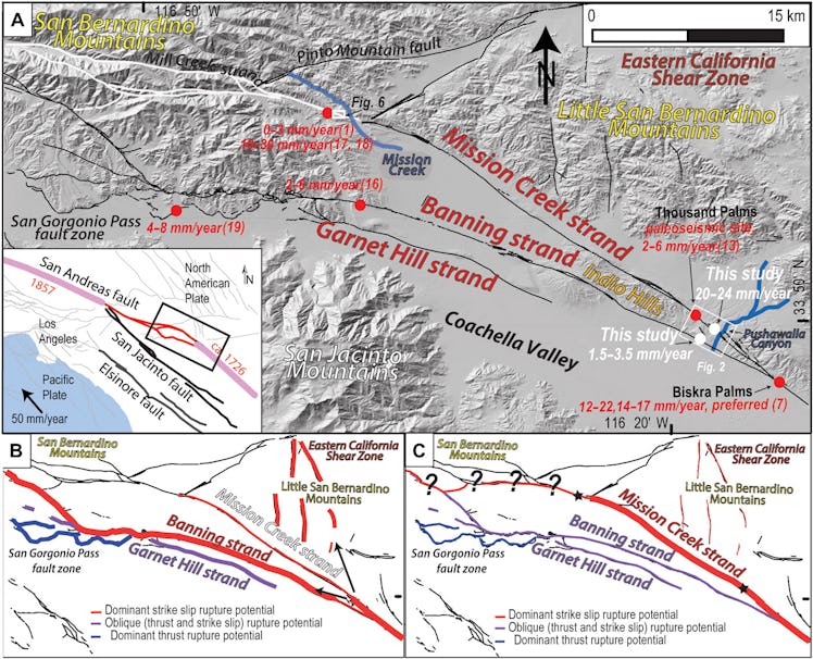 Map of the Mission Creek strand, Banning strand, Garnet Hill strand, and the San Gorgonio Pass fault...
