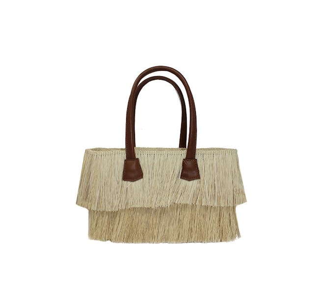 Mini Frayed Straw Tote With Leather Handles