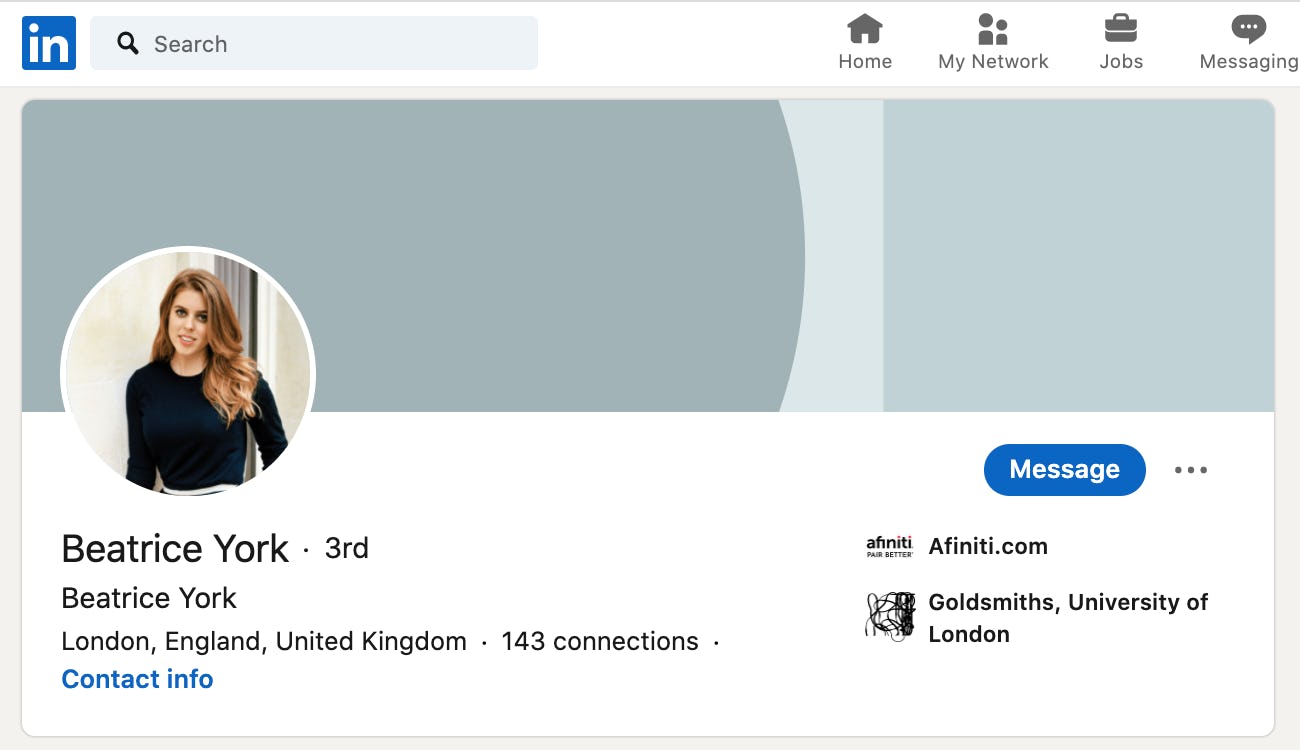 Princess Beatrice's LinkedIn page