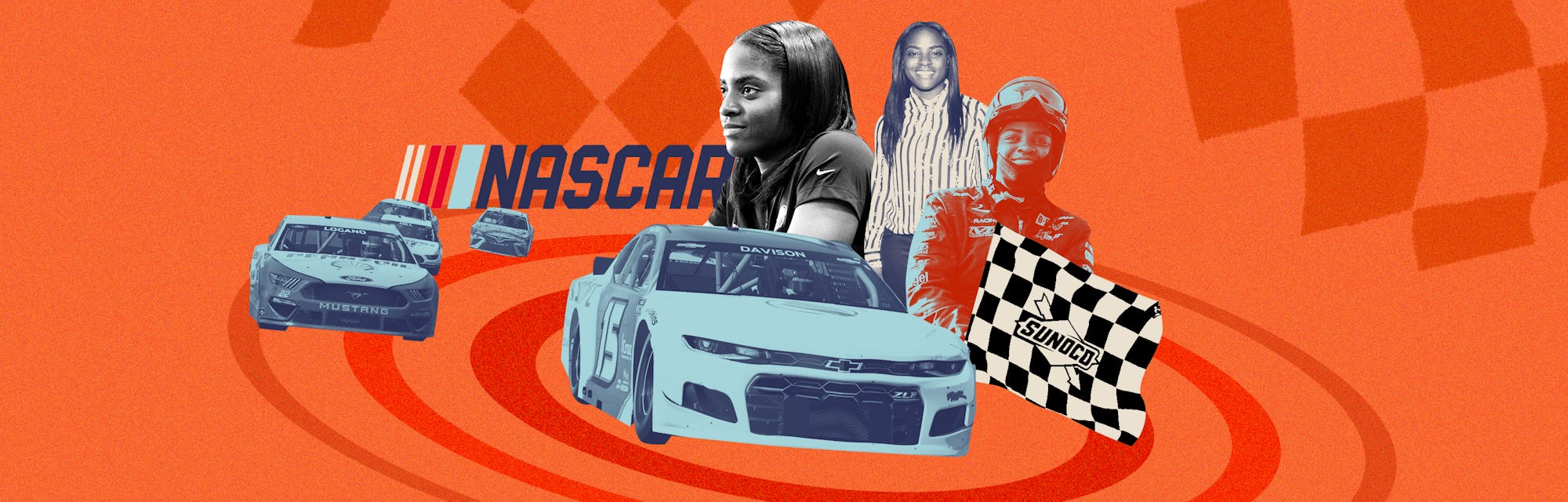 Collage of Brehanna Daniels, NASCAR race car, and her pit crew member outfit