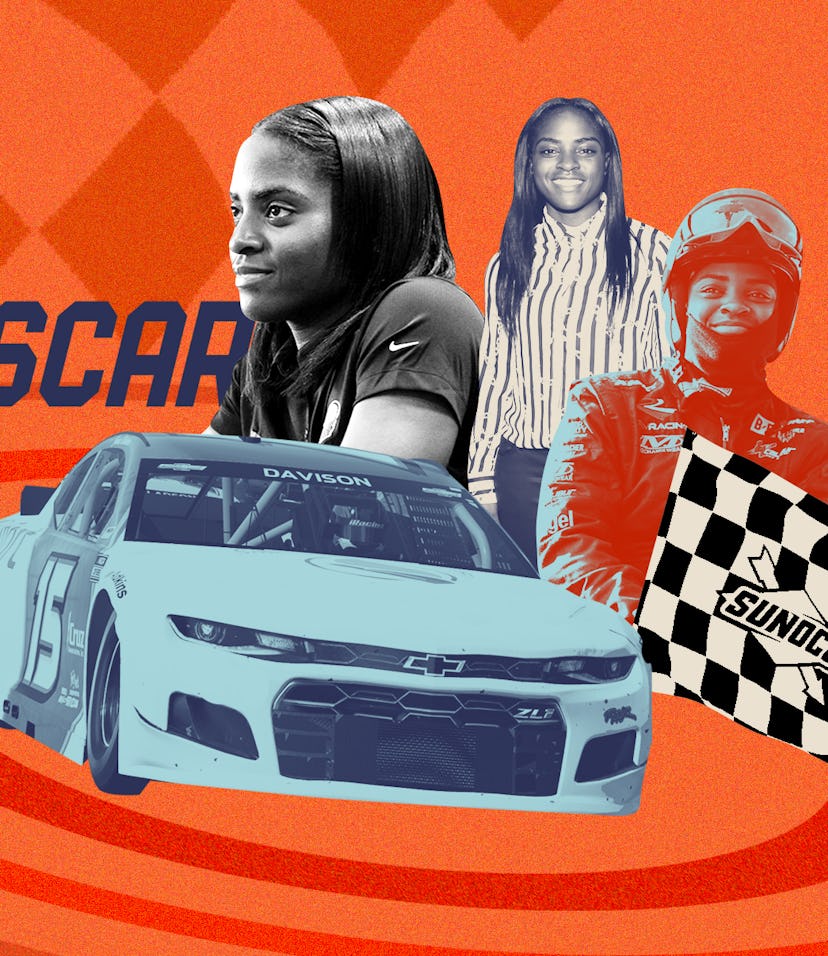 Collage of Brehanna Daniels, NASCAR race car, and her pit crew member outfit