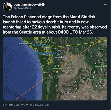 Tweet that reads "The Falcon 9 second stage from the Mar 4 Starlink launch failed to make a deorbit ...