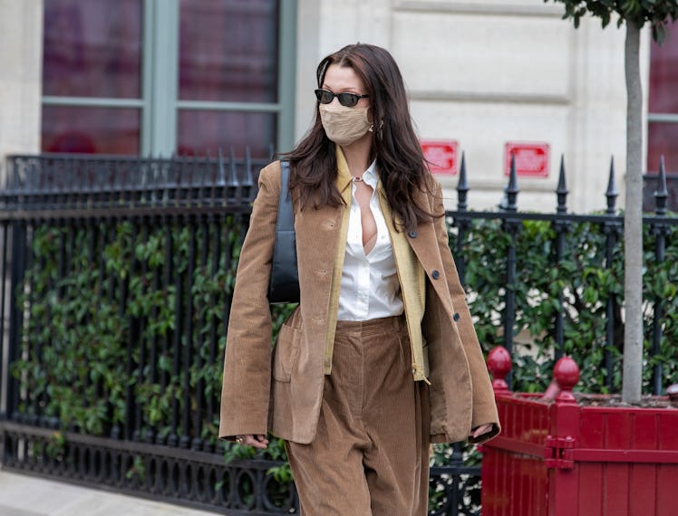 Bella Hadid in a brown suit