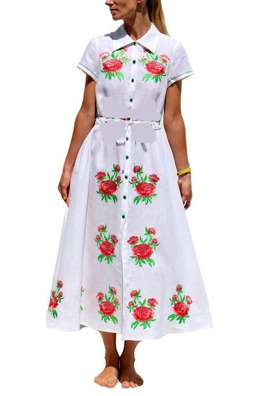 Junie Midi Dress White Linen with Red Rose Embroidery