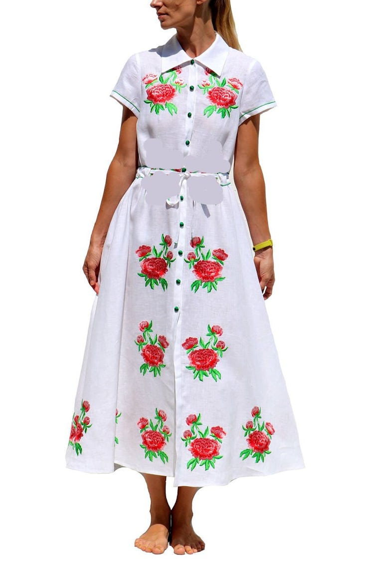 Junie Midi Dress White Linen with Red Rose Embroidery
