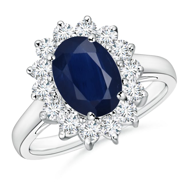 Princess Diana Inspired Blue Sapphire Ring with Diamond Halo