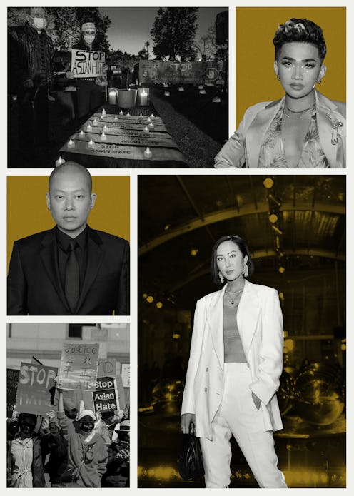 Collage of three AAPI leaders in Fashion & Beauty and people protesting against racism