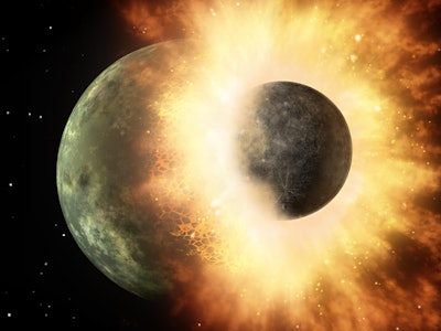 an illustration showing a smaller protoplanet colliding with earth during its early history.