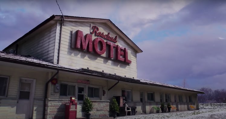 An exterior shot of the Rosebud Motel from 'Schitt's Creek' has snow all around. 