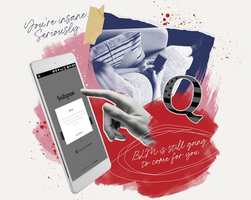 A collage illustration featuring an iPhone screen that shows a deleted Instagram account, a large ca...