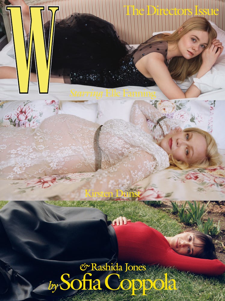 W The Director Issue cover with Elle Fanning, Kirsten Dunst, and Rashida Jones lying down 