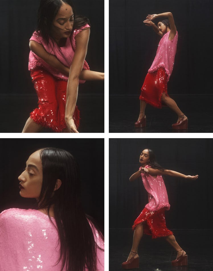 A collage of a model in a pink and red shimmery Dries Van Noten dress 