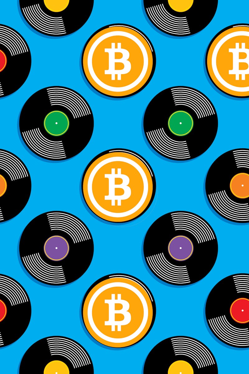music records with bitcoin in the center concept art