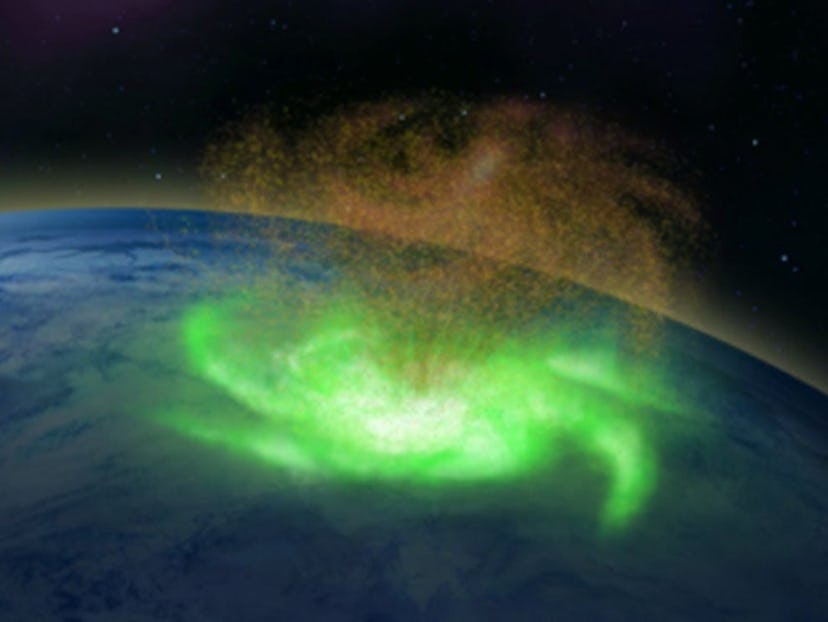 A 3D rendering of the space hurricane, with a green glowing swirl and sprinkles of orange plasma abo...