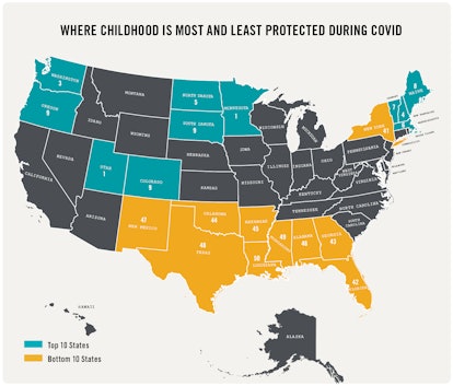 A map of the United States highlights the 10 best states for children in teal and the 10 worst state...