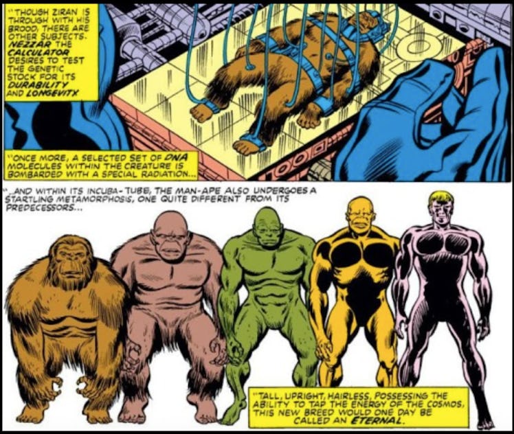 Celestials experimenting on Earth to create Inhumans in the comics.