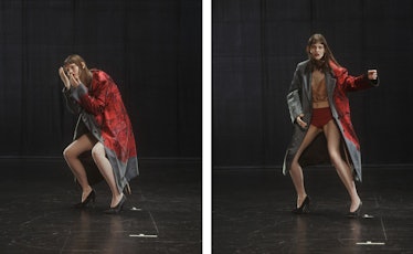 Side by side photos of a model posing in a shirtdress by Dries Van Noten