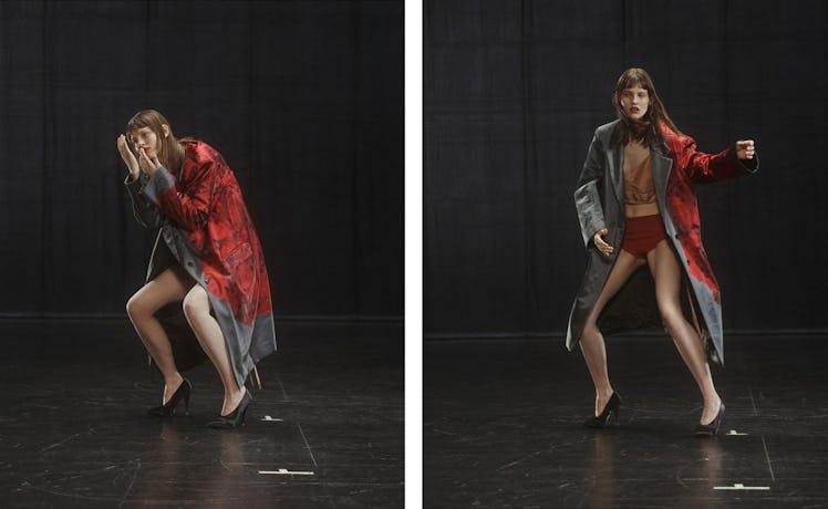 Side by side photos of a model posing in a shirtdress by Dries Van Noten