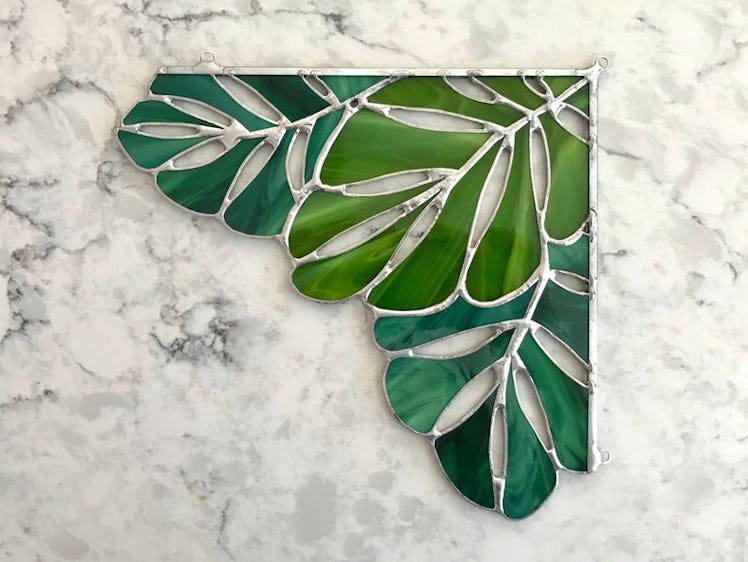 Green Tropical Leaf Stained Glass Corner Panel