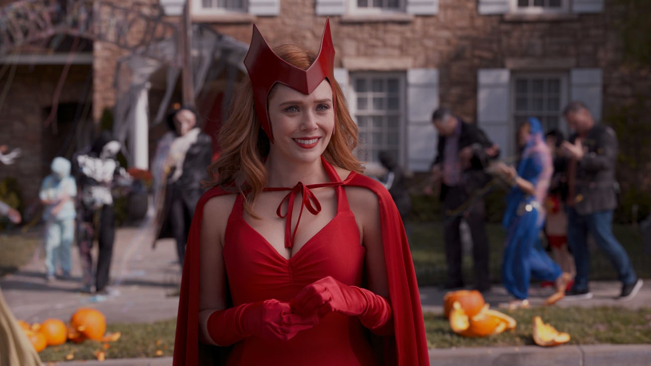 Elizabeth Olsen dressed as WandaVision, wearing a Halloween costume