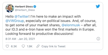 Volkswagen CEO Herbert Diess took a job at Tesla's Elon Musk in his first post on Twitter.