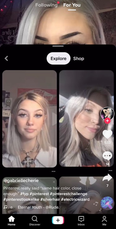 A TikTok user with silver hair does the Pinterest lookalike trend.