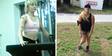 Miley Cyrus running while singing on a treadmill