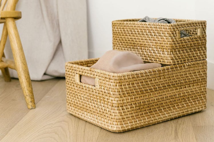 Large Woven Rattan Bin With Handles
