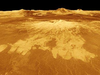 Sapas Mons se muestra en el centro de una vista en perspectiva 3D generada por computadora de la superficie de Venus. 