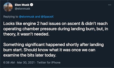 Musk tweet reading: Looks like engine 2 had issues on ascent & didn’t reach operating chamber pressu...