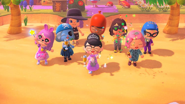 8 Animal Crossing characters from the Critter Keepers mom group hanging out jubilantly 