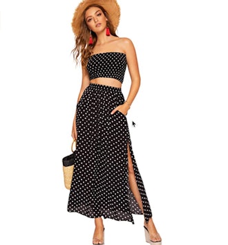 Floerns 2-Piece Polka Dots Crop Top and Long Skirt Set