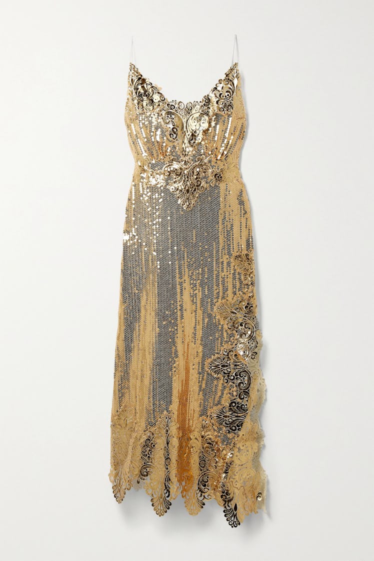 Gold Asymmetric Metallic Sequined Georgette Midi Dress