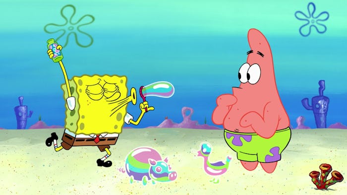 SpongeBob SquarePants blows a bubble in Bikini Bottom on an episode of Nickelodeon's "SpongeBob Squa...