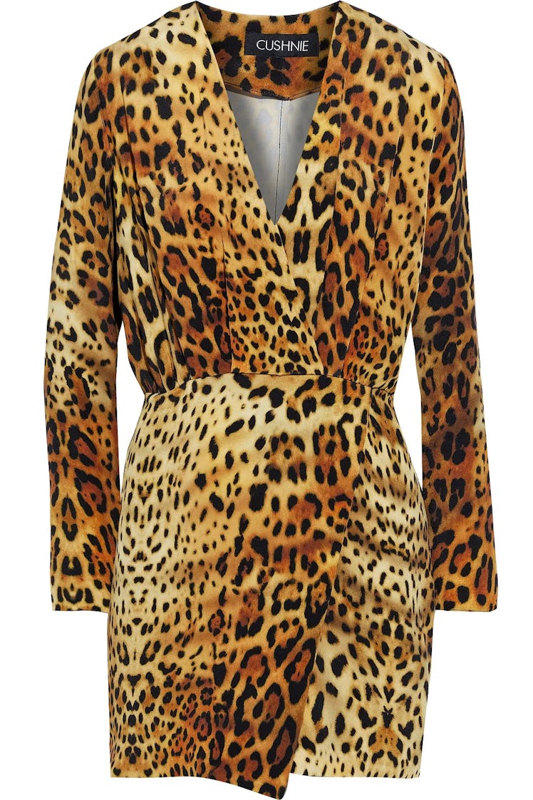 Wrap-effect pleated leopard-print silk crepe de chine mini dress