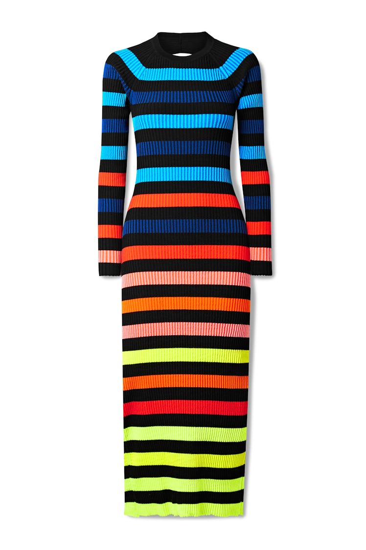 Open-Back Striped Ribbed-Knit Midi Dress