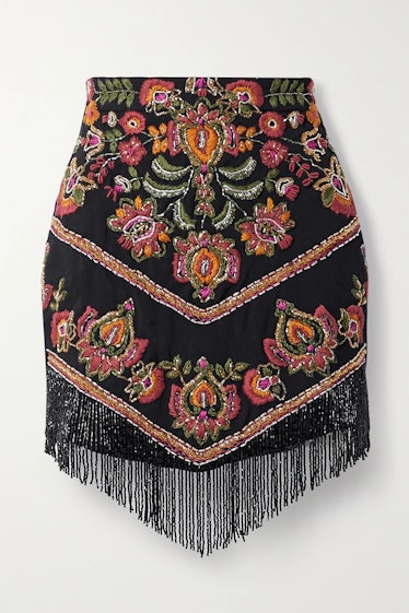 Black Fringed Bead-Embellished Embroidered woven Mini Skirt