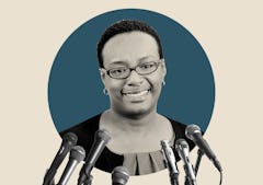 A collage photo with biologist Beronda Montgomery having multiple microphones set in front of her