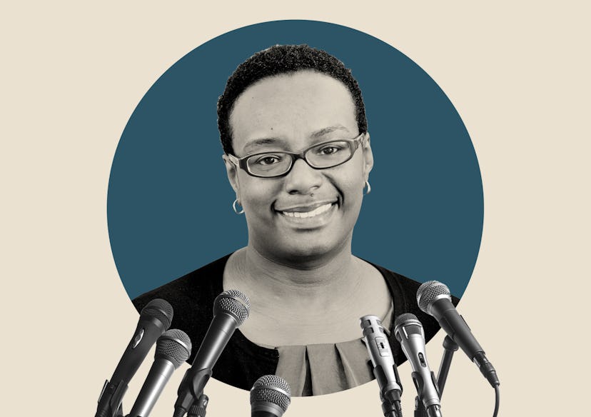 A collage photo with biologist Beronda Montgomery having multiple microphones set in front of her